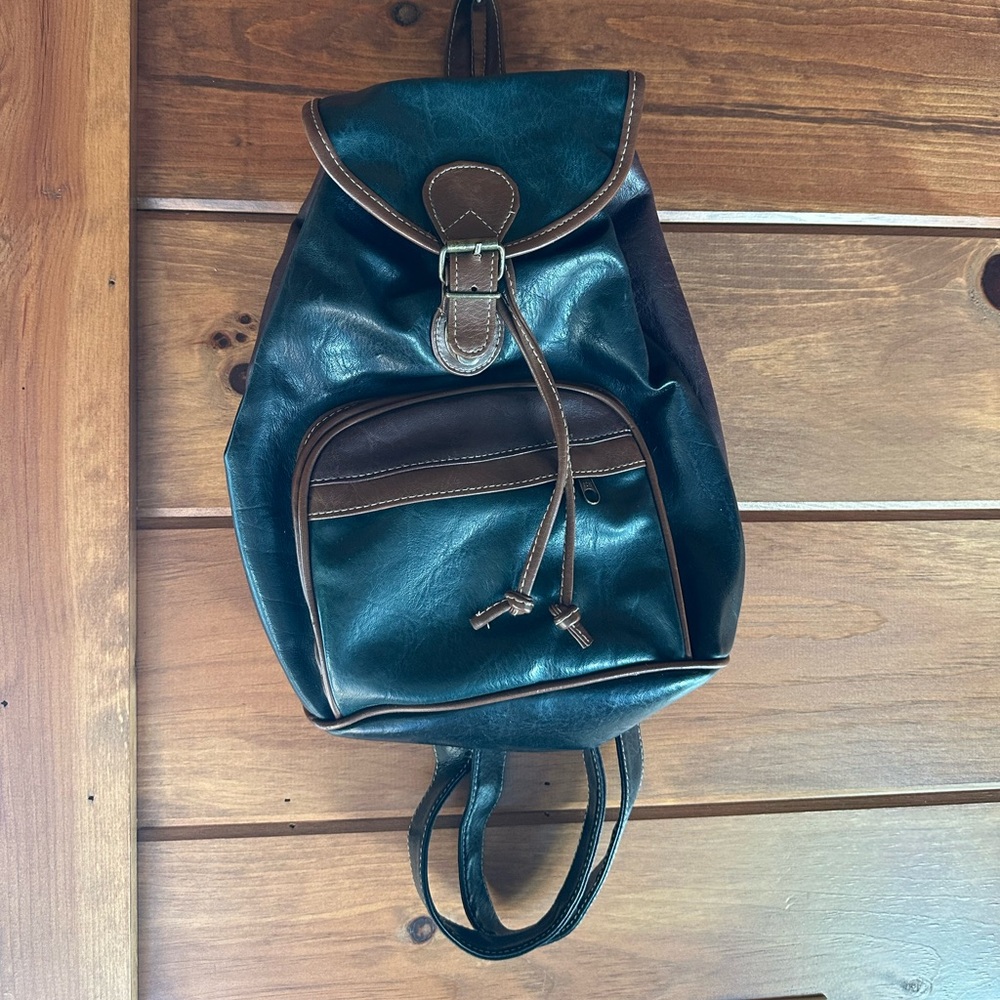 Vintage multicolored leather drawstring backpack and purse